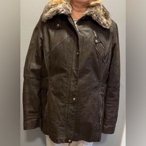 Danier woman’s brown leather coat with removable faux fur collar